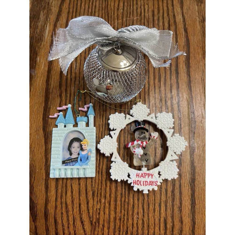 Lot of 3‎ Disney Christmas Ornaments Mickey Mouse 2 , And Cinderella Frame.